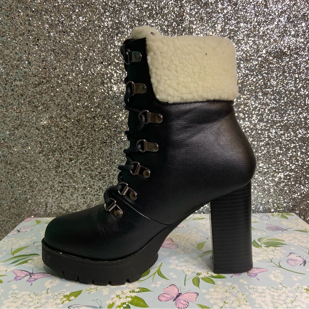 Faux Fur/ Leather Chunk Heel Combat Boots - Picture 5 of 10